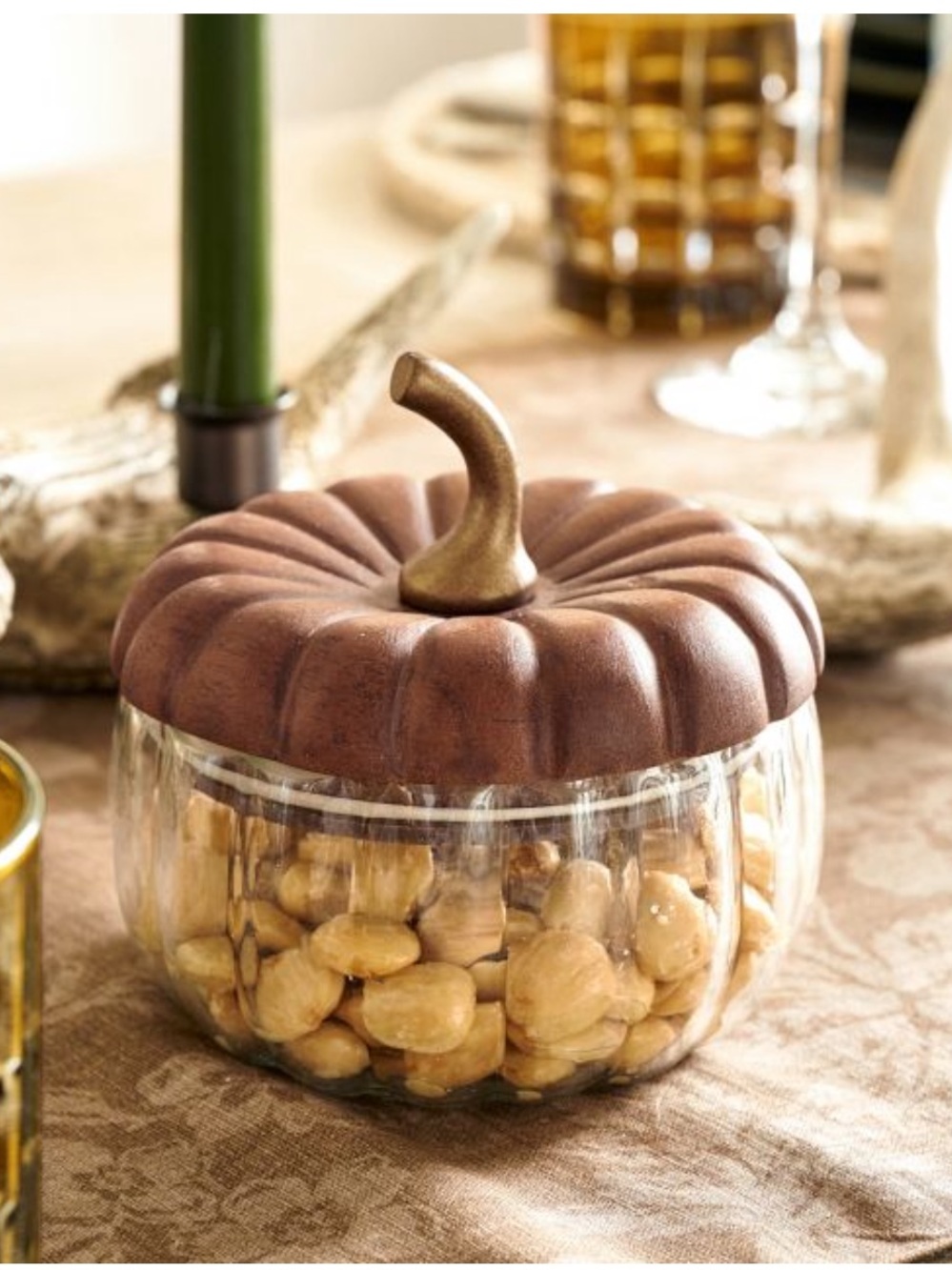 Pottery Barn Glass Pumpkin Snack Bowl Canister w/ Wood Lid - Fall Decor NEW